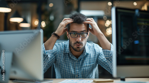 A male employee in a corporate setting, looking exasperated and confused, dealing with a difficult project on his desktop, experiencing a headache due to an internet glitch
