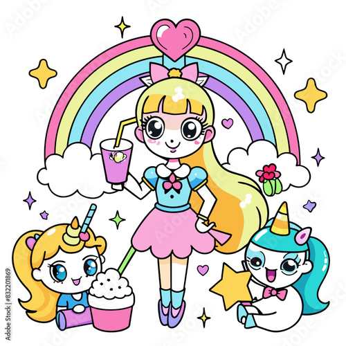 Magical Girl with Unicorns A magical girl with a star wand  holding a rainbow drink  surrounded by unicorns and fairies