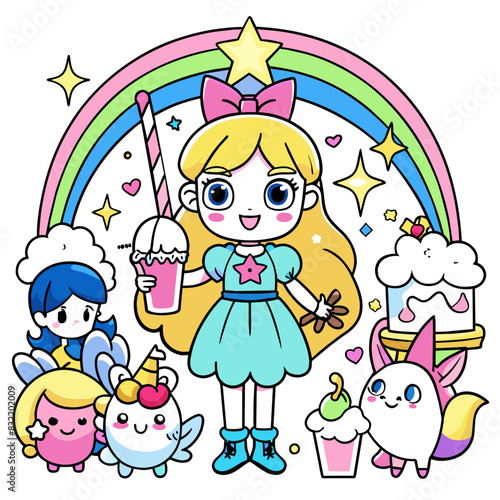 Magical Girl with Unicorns A magical girl with a star wand  holding a rainbow drink  surrounded by unicorns and fairies