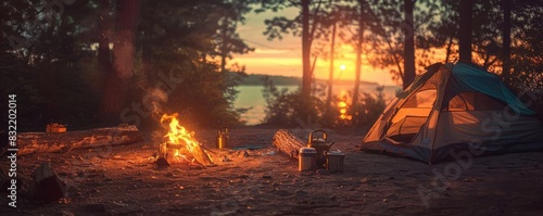 Peaceful campsite at sunset with a glowing campfire, tent, and serene lake view in a forest setting, perfect for outdoor adventure enthusiasts.