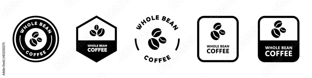 Whole Bean Coffee. Vector signs for product packaging label.