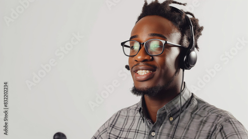 A male call center representative, using a microphone to respond to customer service and IT support inquiries, against a white background