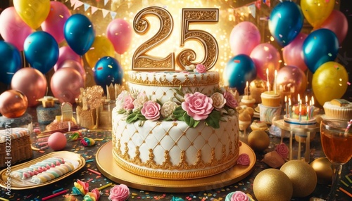 25 year anniversary cake ,celebration with balloons and party decoration photo