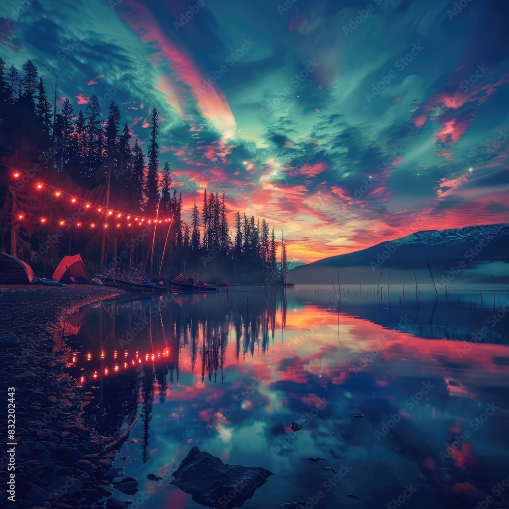 Colorful sunset over serene lake with reflection, surrounded by pine trees, under a dramatic sky with string lights illuminating.
