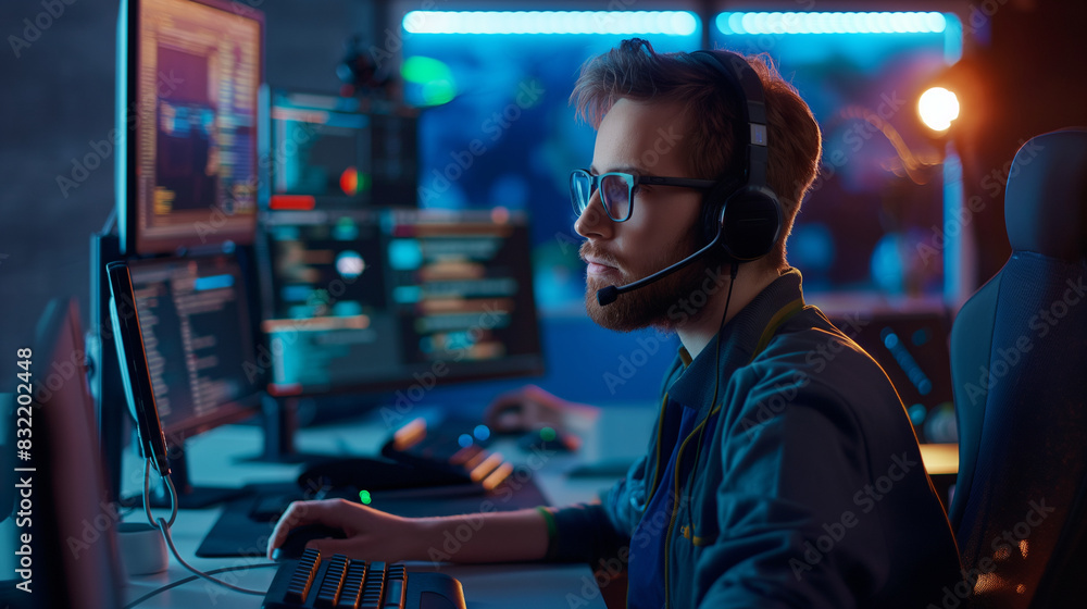 IT support specialist in a modern studio, engaged with customers via a microphone, with troubleshooting guides and CRM interfaces prominently displayed. IT support specialist in a modern studio, engaged with customers via a microphone, with troubleshooting guides and CRM interfaces prominently displayed.
