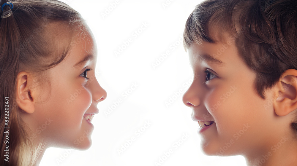 Smiling children facing each other in profile close-up, children's faces on white background Smiling children facing each other in profile close-up, children's faces on white background