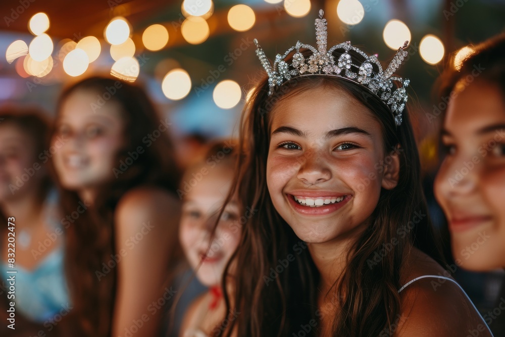 A long hair European girl in a white party dress with a crown on her head is smiling with an adorable face that is full of happiness and friendly. A long hair European girl in a white party dress with a crown on her head is smiling with an adorable face that is full of happiness and friendly.