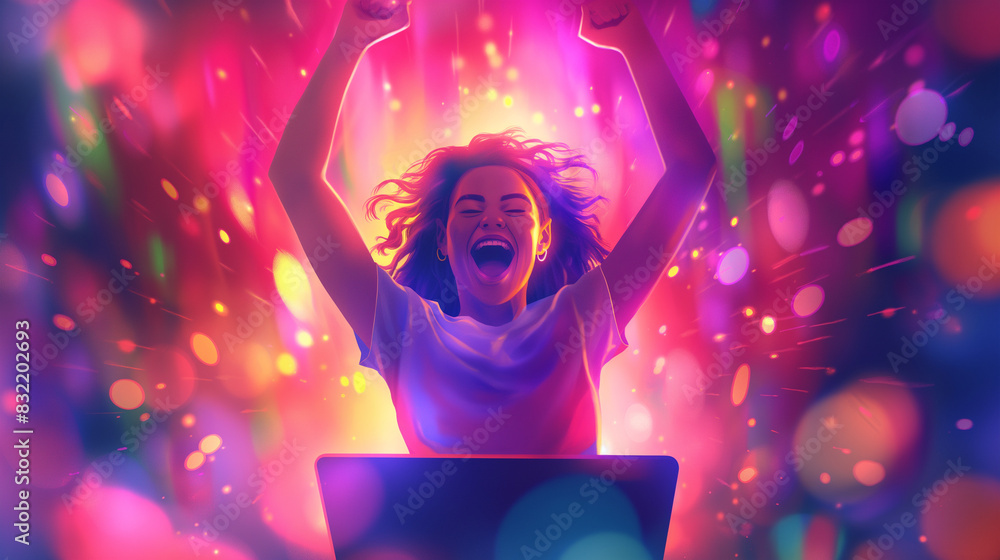 In the glow of her laptop, a jubilant woman celebrates a major victory in international trading, her success lighting up the night as she basks in the glow of her achievement In the glow of her laptop, a jubilant woman celebrates a major victory in international trading, her success lighting up the night as she basks in the glow of her achievement