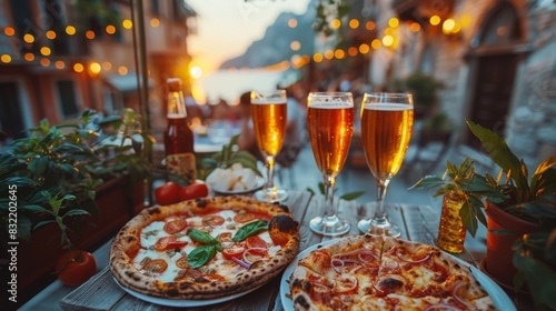 A picturesque table setting at an Italian restaurant with freshly made pizzas and cold beer, amidst a cozy ambiance