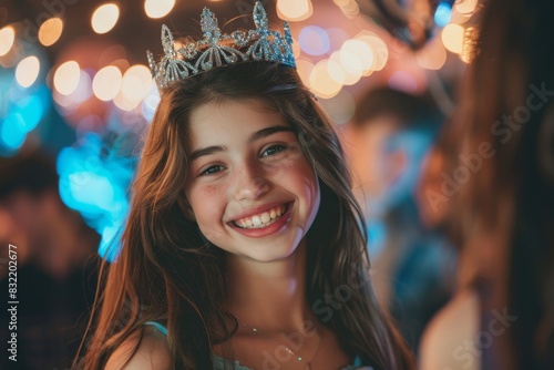 A long hair European girl in a white party dress with a crown on her head is smiling with an adorable face that is full of happiness and friendly.