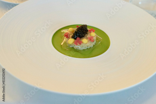 A gourmet dish is presented on a white plate featuring a dollop of caviar atop a vibrant green sauce with garnishments. photo