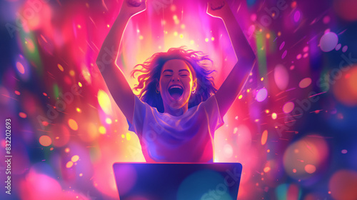 In the glow of her laptop, a jubilant woman celebrates a major victory in international trading, her success lighting up the night as she basks in the glow of her achievement photo