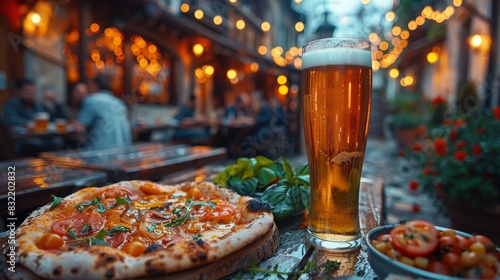 Casual outdoor dining experience with a freshly baked pizza accompanied by a glass of beer, in a vibrant street cafe photo