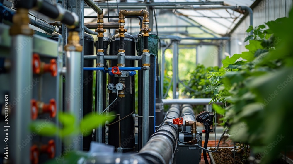 A bioenergy heating system in a greenhouse, showing the piping and equipment used to distribute heat generated from plant waste. A bioenergy heating system in a greenhouse, showing the piping and equipment used to distribute heat generated from plant waste.