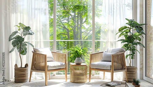 a summer balcony, a veranda in blooming greenery and cozy armchairs overlooking the sea