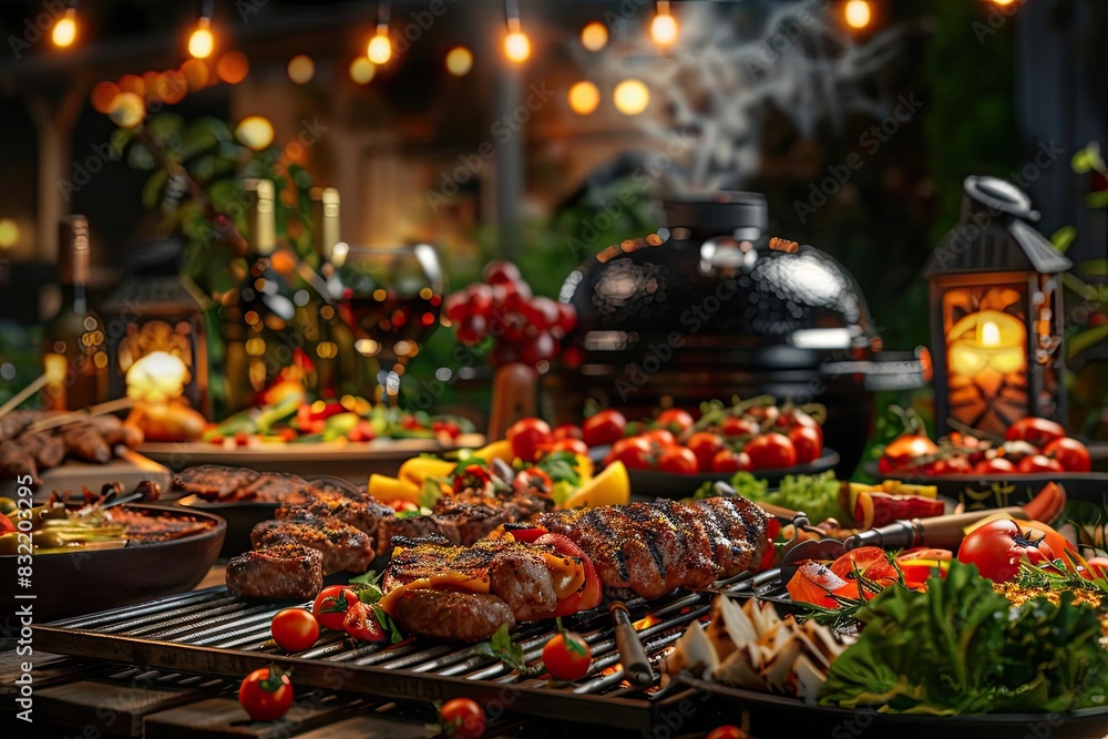 Outdoor barbecue with grilled meat, vegetables, and festive lighting creating a warm, inviting ambiance perfect for any gathering. Outdoor barbecue with grilled meat, vegetables, and festive lighting creating a warm, inviting ambiance perfect for any gathering.