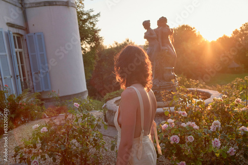 A woman stands in a serene garden at sunset, her silhouette gently outlined by the warm light, with blooming roses and a classic statue in the background.