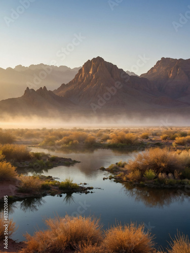 Sunrise illuminates desert mountains and misty oasis lake against clear skies.