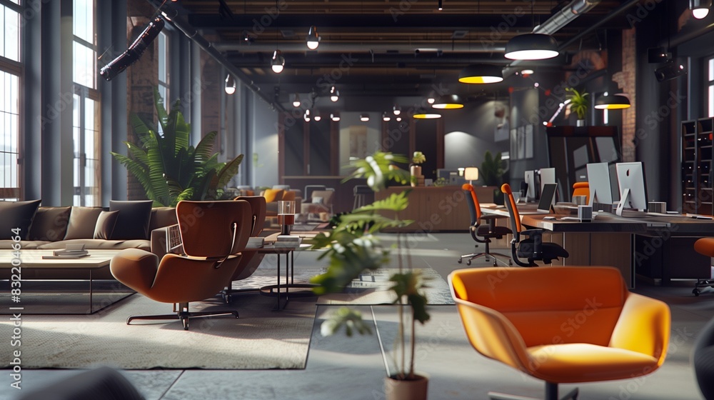 Naklejka premium A highly detailed and super realistic image of a modern co-working space with stylish furniture