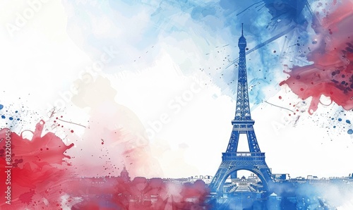 banner in blue, white and red colors with elements of the Eiffel Tower with background and copy space