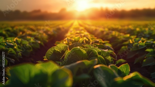 Soybean plants thriving in neat rows in a farm field at sunset Agricultural cultivation of soybeans Agricultural sector