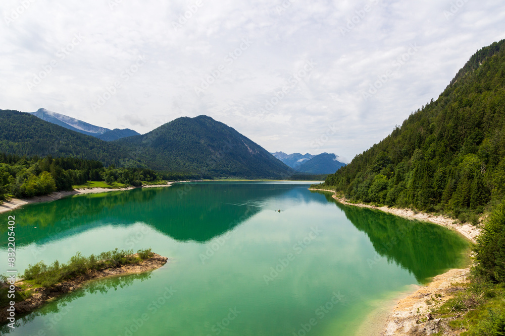 Lake Sylvenstein Reservoir and mountain alps panorama in Bavaria, Germany Lake Sylvenstein Reservoir and mountain alps panorama in Bavaria, Germany