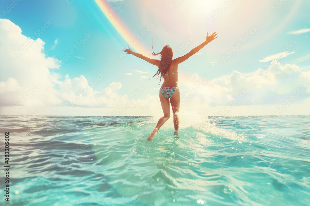 Happy woman in swimsuit jumping in water at the sea. Summer day. Happy woman in swimsuit jumping in water at the sea. Summer day.