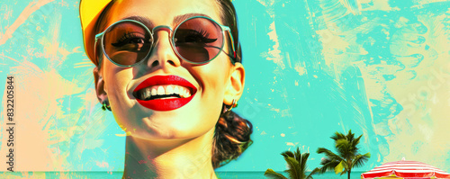 Happy woman with red lips and trendy sunglasses looking forward. Retrro style illustration. Concept of vocation. Banner. photo