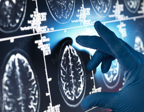 Neurology Research, Doctor examining a human brain scan on screen   photo