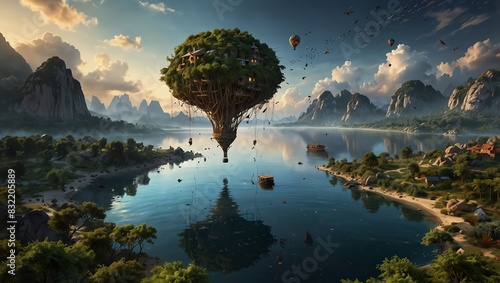 A green sphere covered in plants and buildings floats in the sky above a lake and mountains while hot air balloons fly around it.