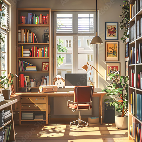 2D illustration of a serene home office setup with a neat desk, plants, and sunlight streaming through a window, symbolizing an ideal productive workspace