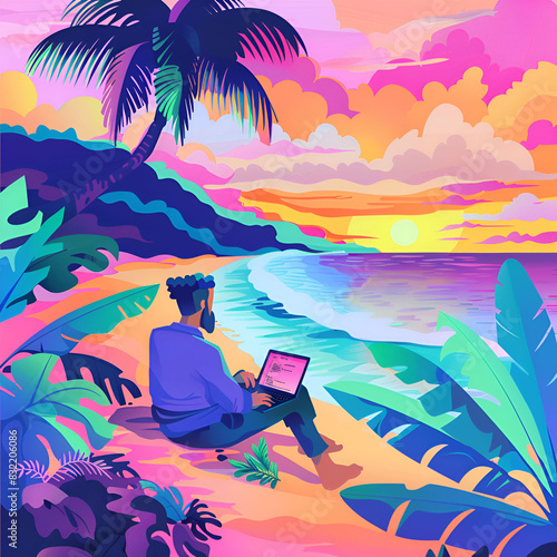 Productivity-themed 2D illustration featuring a digital nomad working on a laptop at a beach  blending relaxation and efficiency in a vibrant setting