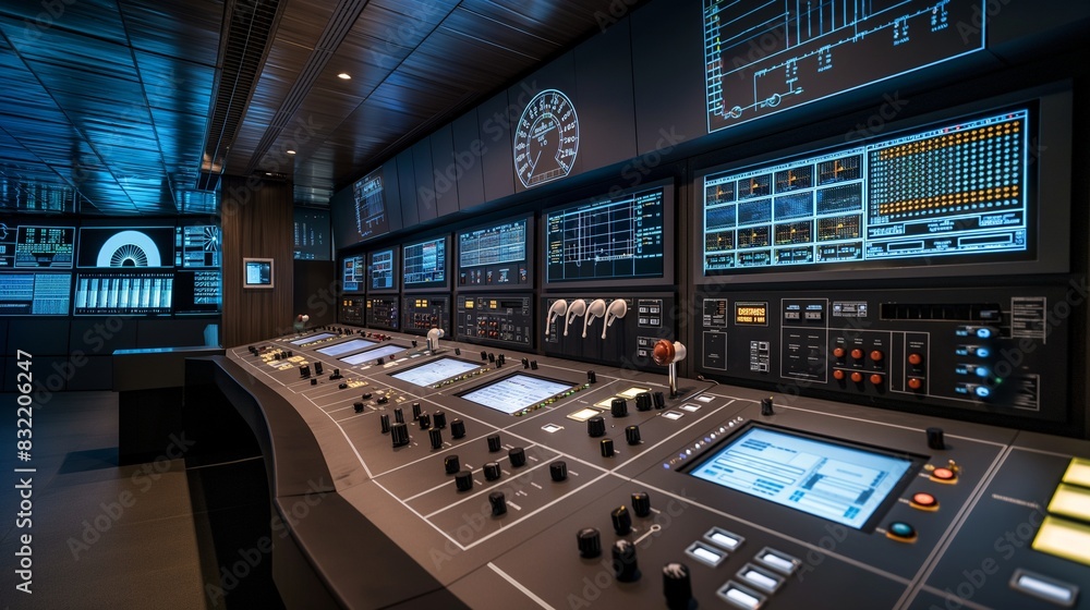 The control room of a hydroelectric power station, focusing on the modern digital displays and control panels that monitor and manage the electricity generation process. The control room of a hydroelectric power station, focusing on the modern digital displays and control panels that monitor and manage the electricity generation process.