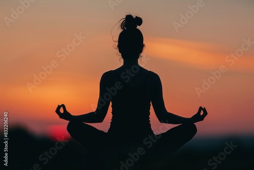 A silhouette of a woman meditating in the lotus position, capturing a serene and tranquil moment