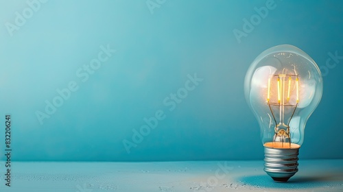 Realistic light bulb idea concept with innovation and inspiration isolated on a blue background
