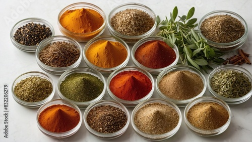 Assortment of colorful spices arranged in glass bowls on a white surface, showcasing a variety of textures and hues, highlighting culinary artistry and the beauty of spices.
