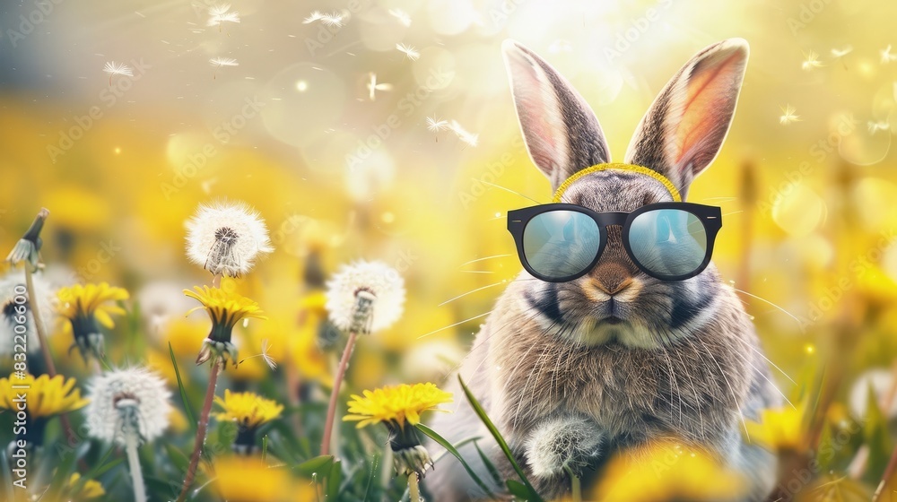 Super cute and funny laughing easter bunny with reflective sunglasses sits in a yellow dandelion field, easter background banner for marketing, sales and social media illustration.


