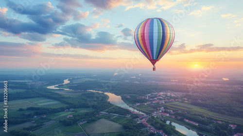 Colorful hot air balloon floating over scenic landscape at sunset. River and fields visible below