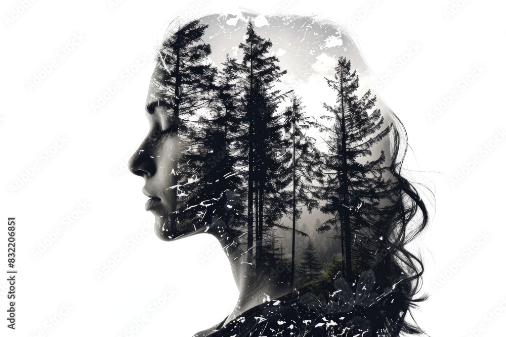 Nature-Infused Portrait: Woman and Forest Double Exposure Art