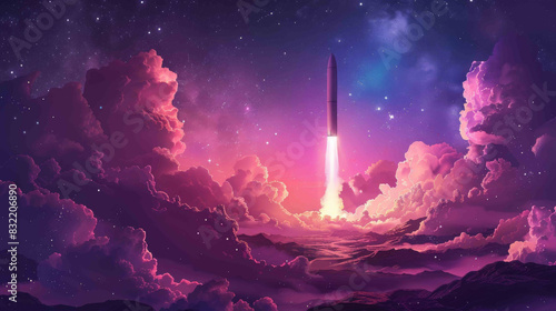 A rocket launching into a vibrant, starry night sky surrounded by clouds, symbolizing space exploration and adventure.
