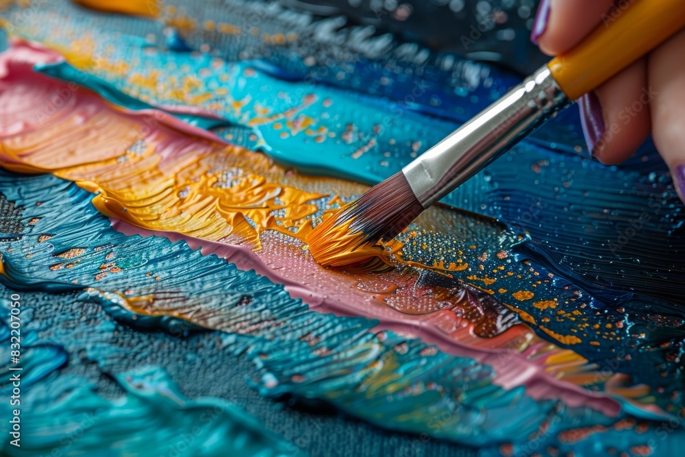 Artist's palette and brushes resting on the table, as a brush meticulously applies vibrant rainbow watercolor onto a canvas, each stroke a testament to the artist's skill and creativity Artist's palette and brushes resting on the table, as a brush meticulously applies vibrant rainbow watercolor onto a canvas, each stroke a testament to the artist's skill and creativity