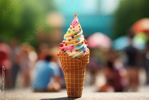 Close-up of a melting ice cream cone with colorful sprinkles against a background of people enjoying outdoor activities