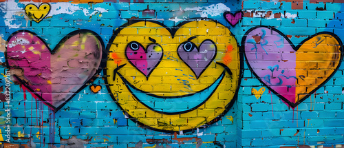 A vivid urban mural of a smiley face with heart eyes painted on a blue and yellow cracked wall
