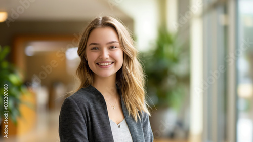 Free Download A professional woman with her face blurred stands in a modern office environment, implying business or corporate themes - GFXLoad