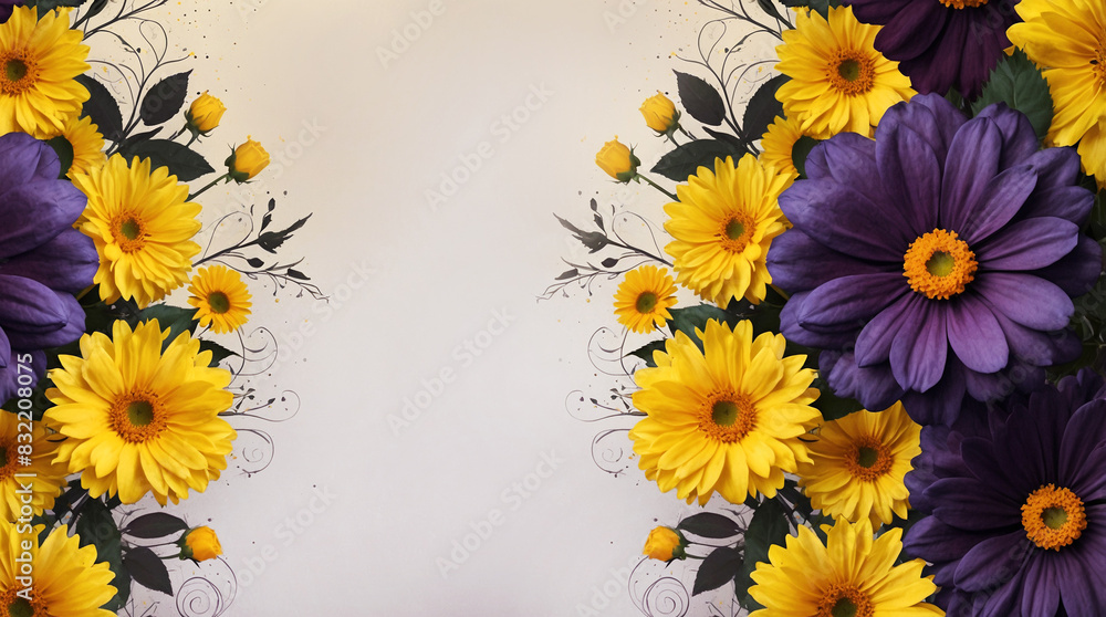 Naklejka premium yellow and purple gerber daisy flowers with central copy space 