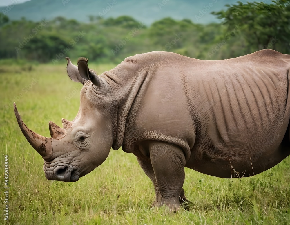 White rhinoceros with large horn , grazing in a forest White rhinoceros with large horn , grazing in a forest