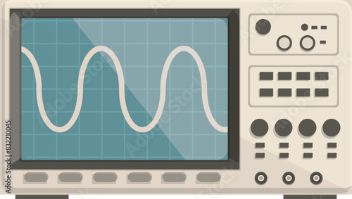 Detailed digital oscilloscope vector illustration with flat design for electronics measurement and testing equipment in scientific lab and engineering research. Showing signal waveform. Frequency