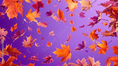 autumn leaves are flying on a purple background  