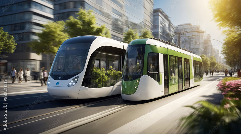 Electric green tram, streetcar driving in green city downtown with trees, motion blur. Eco friendly sustainable public transport