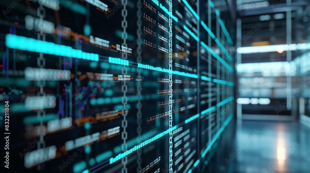 A blockchain ledger display in a corporate setting, showing a chain of blocks representing transactions for audit and compliance purposes. A blockchain ledger display in a corporate setting, showing a chain of blocks representing transactions for audit and compliance purposes.